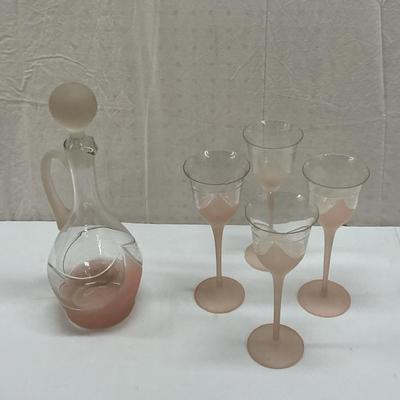 Melinda Pink Art Deco Frosted Cut Glass Wine Carafe and Glasses 