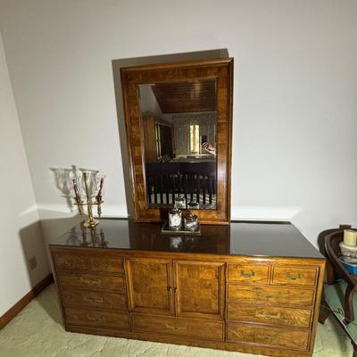 Vintage Wood Dresser with Mirror and Brass Hardware