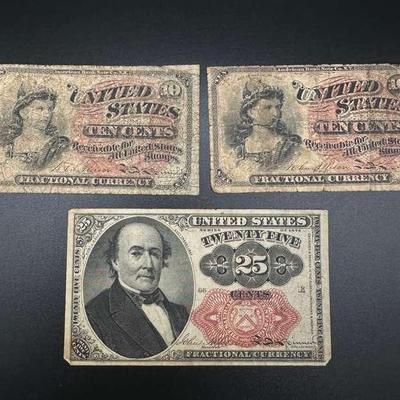 Lot of 3 U.S. Fractional Currency Notes – 1863 & 1874