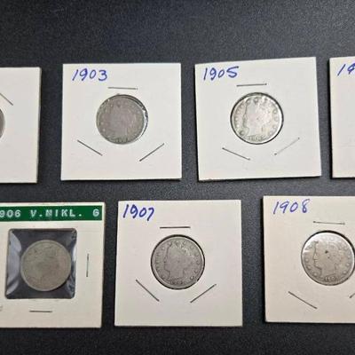 Vintage Liberty Head V Nickel Lot (1901–1908) – 7 Coins