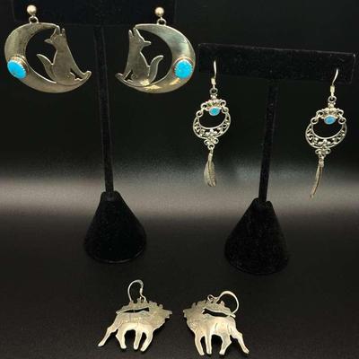 Lot of 3 Sterling Silver Southwestern Earrings - Moose, Coyote & Feather