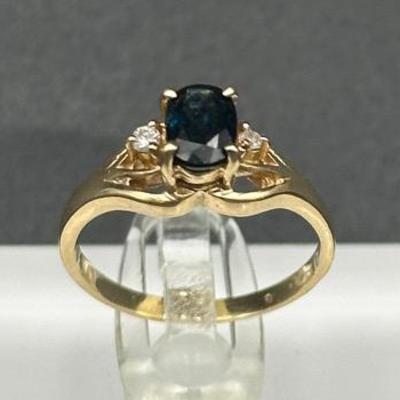 14K Gold Ring with Dark Blue Stone & Diamonds