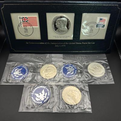 1971 USPS Sterling Silver Medal with Historic Stamp & 3 1971 Eisenhower Silver Dollars- Lot i
