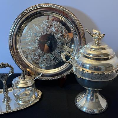 Silver-Plated Serving Trio – Sheridan EPS, Rogers Silver & Ornate Round Tray 