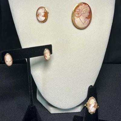 14K Gold Cameo Ring, Earrings, Pins, and Pendants (Including one with a Diamond) Lot 