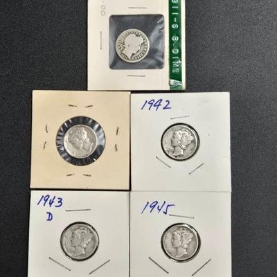 Lot of 5 90% Silver Dimes – Barber & Mercury (1911–1945, San Francisco & Denver Mints)