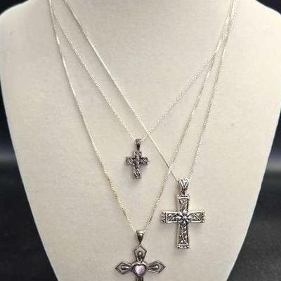 Lot of 3 Sterling Silver Cross Necklaces