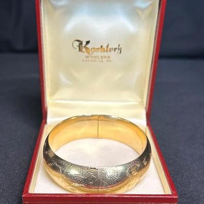 14K Gold Oval Clasp Bangle Bracelet – Etched Floral Design, Original Koehler’s Box