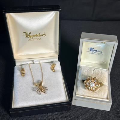 14K Gold Necklace with Diamonds and Earrings Set with Pearl Ring