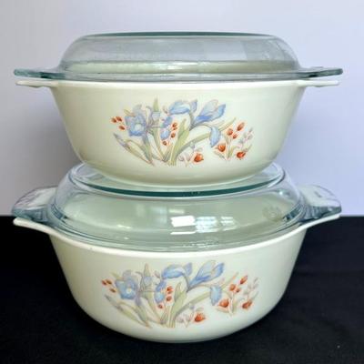 Pyrex “Blue Iris” Handled Casserole Dish Set with Lids – Made in England