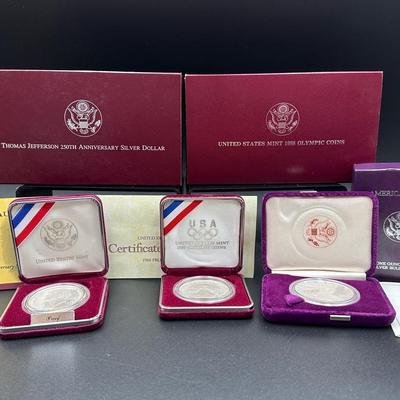 3 “S Mint” Silver Coins – 1993 Jefferson 250th Anniversary, 1988 Olympic, 1988 American Eagle– Lot B