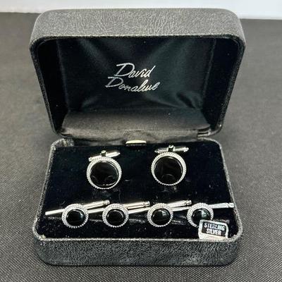 Sterling Silver & Onyx David Donahue 4-Tuxedo Shirt Stud Set with Matching Cufflinks –OG Box