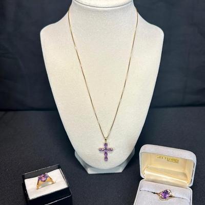 14KT Gold Amethyst Stone Necklace, Earrings, and Rings