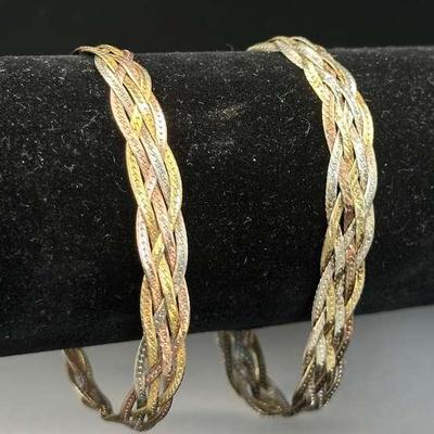 Pair of Italian Sterling Silver 925 TriColor Braided Bracelets - 7.5"