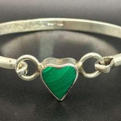Mexico 925 Sterling Silver Bracelet with Green Heart Stone – 17.7g