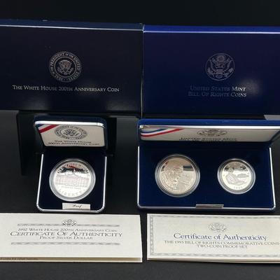 1993 Bill of Rights 2-Coin Proof Set “S Mint” & 1992 White House Silver Dollar “W Mint” – Lot J