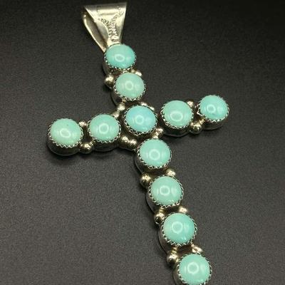 Sterling Silver & Turquoise Cross Pendant - Signed "Ramona"