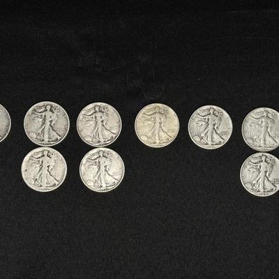 Lot of 9 90% Silver Walking Liberty Half Dollars (1934–1942, Includes Denver Mint “D”) 