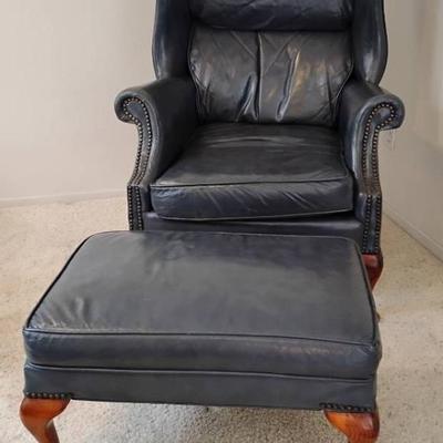 As127 blue leather chair and ottoman