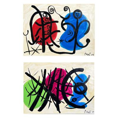 (2pc) PETER ROBERT KEIL (GERMAN, B. 1942) STUDIO MIRO | In the style of Joan Miro, two abstract paintings in bold strokes of the colors...