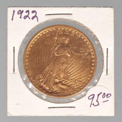 1922 US $20 GOLD COIN | 1922 American Walking Liberty Double Eagle twenty dollar gold coin, 34mm; 33.4g

