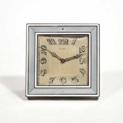 CARTIER ART DECO GUILLOCHE ENAMELED DESK CLOCK | c. 1920's, Cartier & European Watch & Clock Co., Switzerland; the face with...