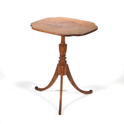 18TH CENTURY AMERICAN TIGER MAPLE TILT TOP CANDLE STAND OR TEA TABLE |  highly figured tiger maple showing on all parts, single-board top...