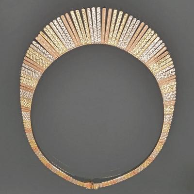 14K GOLD TRICOLOR "CLEOPATRA" NECKLACE | Designed as graduated textured links of alternating white, rose, and yellow gold;...