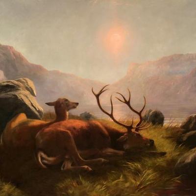 ARTHUR FITZWILLIAM TAIT (1819-1905) | Stag and doe before sunset
Oil on canvas
h 30 x w. 50 in. Stretcher
Signed lower left "A.F....