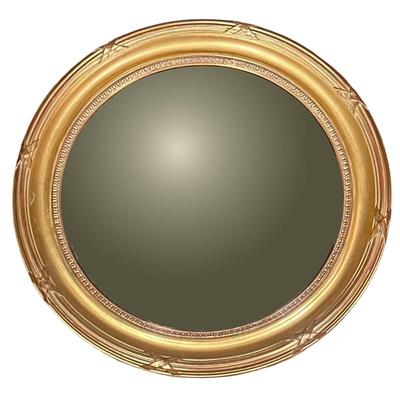 ANTIQUE GILT CONVEX "BULLET" MIRROR | Small convex mirror in gilt frame. Engravings on gilded rim. Napoleon III inspired. 
d. 2...