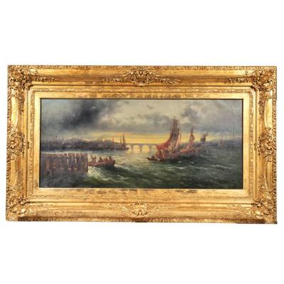 OTTO WITTE (DUTCH, 1905-1986) | sailors in a harborscape scene
oil on canvas
h. 18 x 40 in., stretcher
Signed lower right
under glass, in...