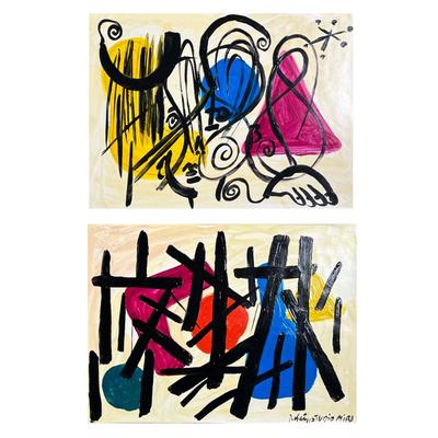 (2pc) PETER ROBERT KEIL (GERMAN, B. 1942) STUDIO MIRO | In the style of Joan Miro, two abstract paintings in bold strokes of the colors...