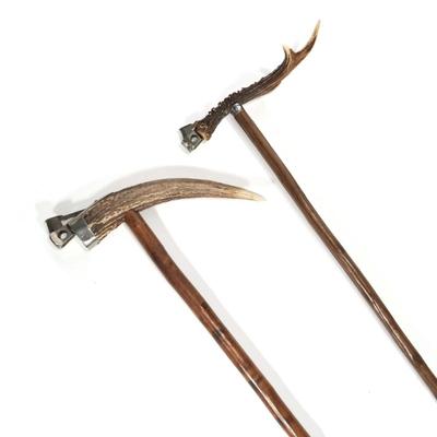 (2pc) PAIR OF ANTIQUE HORN HANDLED CIGAR CUTTER ALPINE HIKING WALKING STICKS | The Larger one marked pfeilring Solingen
measures 33'...