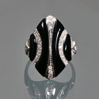 ART DECO DIAMOND & ONYX 14K WHITE GOLD RING | 14k white gold ring inlaid with black onyx and set with melee diamond, with fineness...