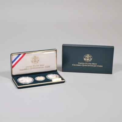 COLUMBUS QUINCENTENARY COINS | Set of 3 1992 Columbus Quincentenary coins, including gold five dollar (8.4 grams), silver dollar (0.76...