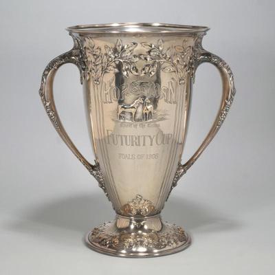 THE HORSEMAN 1908 FUTURITY CUP: MONUMENTAL WRIGHT, KAY, & CO. STERLING SILVER TROPHY | The monumental double handled trophy cup...