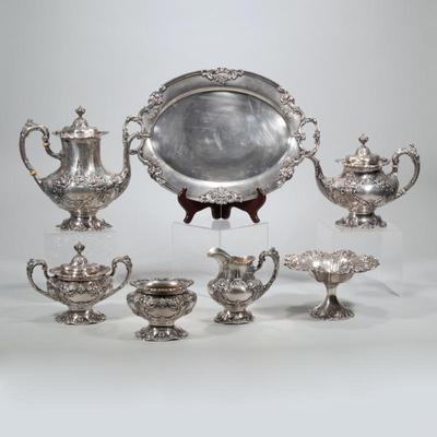 (7pc) REED & BARTON FRANCIS I STERLING SILVER TEA & COFFEE | Comprising a teapot, a coffee pot, and creamer, a liquid sugar, a...