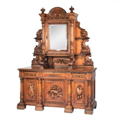 LARGE BLACK FOREST CARVED SIDEBOARD | h. 93 x w. 68 x d. 28 in.
