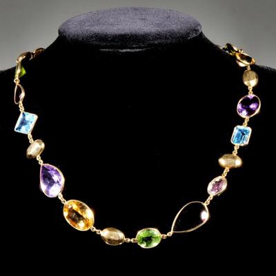ITALIAN VINCENZA "TUTTI-FRUTTI" STYLE GEMSTONE & 18K GOLD NECKLACE | Designed as a line of bezel set mixed cut amethyst,...