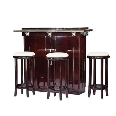 (4pc) ART DECO BAR CABINET & STOOLS | Deep lacquered wood with a polished chrome rail, white translucent glass top, with three stools...