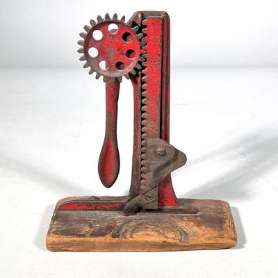 RARE JEREMIAH GREENWOOD 19TH CENTURY CAST IRON BARMOUNT CAN OPENER | Patented May, 1884; an antique red can opener with manual hand...