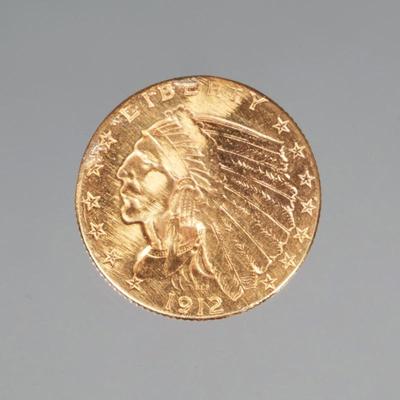 1912 $2.5 DOLLAR GOLD COIN | American Indian Head two and a half dollar gold coin, 17.5 mm; 4.12g

