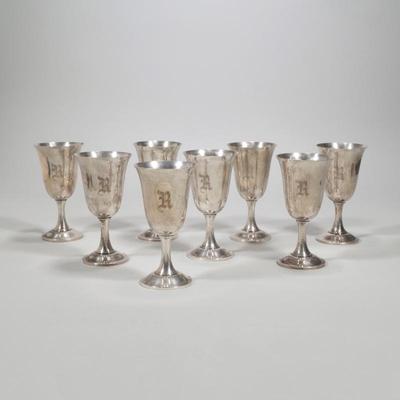(8pc) FISHER STERLING SILVER GOBLETS | Monogrammed "R", stamped "Fisher Sterling 62" on bottom; all together 40.9...