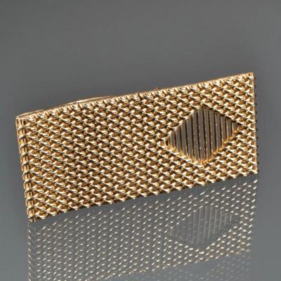 14K GOLD MESH MONEY CLIP | Designed with mesh and open work yellow gold, with fineness mark to back; 27g
h. 2 x w. .875 in. (approx.)
