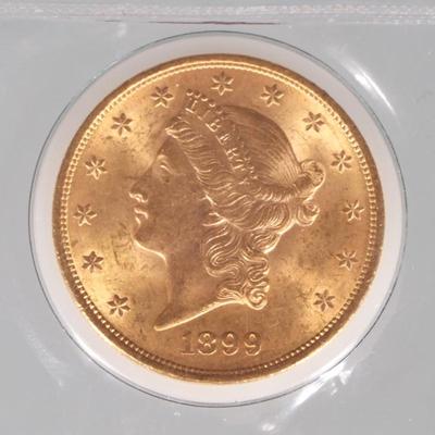 1899-P US $20 GOLD COIN | 1899 American Liberty Head Double Eagle twenty dollar gold coin in protective case; 33.4g

