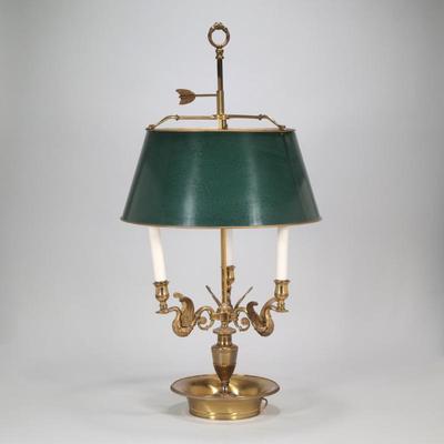 ANTIQUE SWAN FORM BOUILLOTE LAMP WITH GREEN SHADE | Having three lights mounted on the heads of swans with wings spread, attached to...