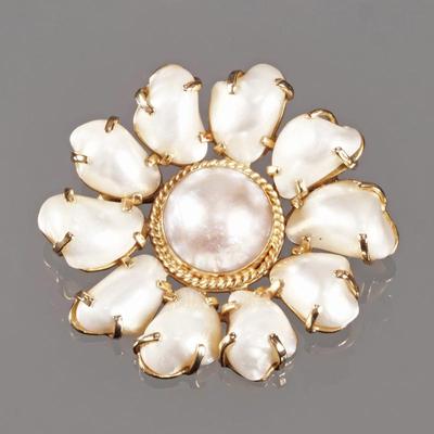 MABE PEARL 14K GOLD PIN | Designed as a flower-form brooch, center-set with a round mabe pearl (approx. 11 mm) surrounded by 10 amorphous...