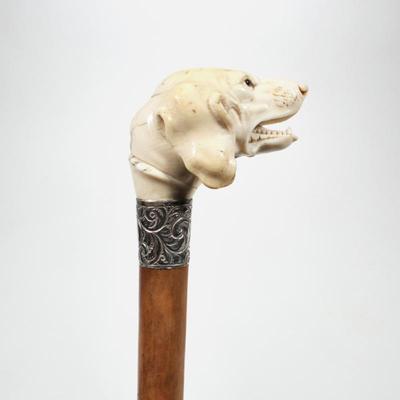 VICTORIAN CARVED BONE HANDLE DOG STERLING COLLAR WALKING STICK | Hallmarks for Birmingham 1891 on the Sterling CollarCarved Hunting dog...