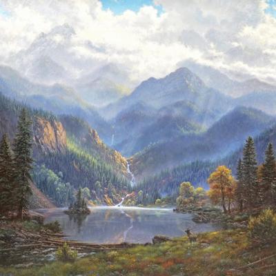 MARK KEATHLEY (B. 1963) OIL LANDSCAPE | Mountain landscape
Oil on canvas
48 x 48 in. Stretcher 
Signed lower right
h. 59 x w. 59 in....
