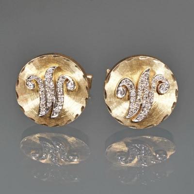 PAIR 14K GOLD & DIAMOND CUFFLINKS | Round cuff links with melee diamonds set in an "M" (or "W") monogram, with...